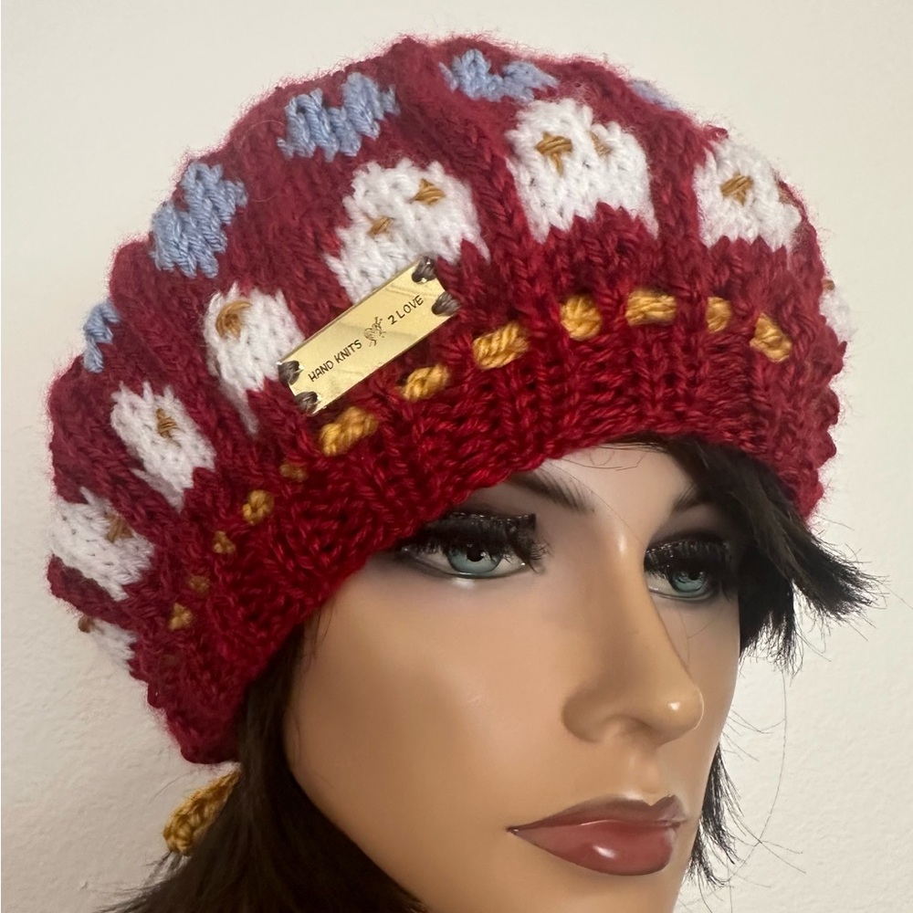 Hand Knits 2 Love Slouch Beanie Hat Hearts Homes Adjustable Fit Beads Designer